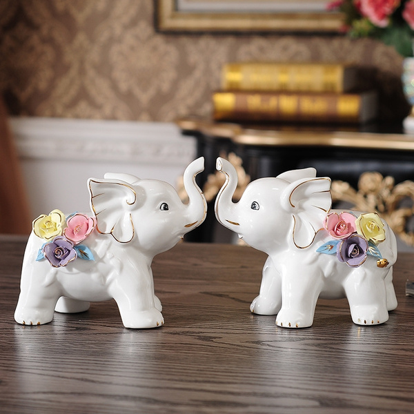 Ceramic Elephant Ornaments Wedding Birthday Gift Living Room Decoration Set of 2 