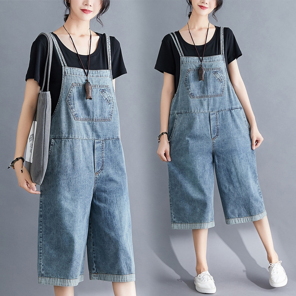Mono de mezclilla para mujer, mono holgado azul claro de verano, pantalón  con tirantes informal, monos vaqueros de pierna ancha Vintage coreanos para  mujer | Wish