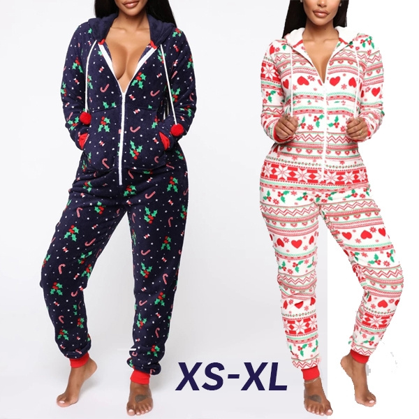 Christmas Womens Onesie Pajamas Casual Fleece Hooded One Piece