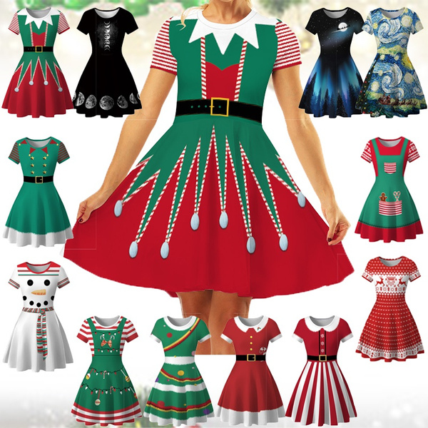 Fashion Christmas Elf Digital Print Women's Short Sleeve Slim Dress | Wish