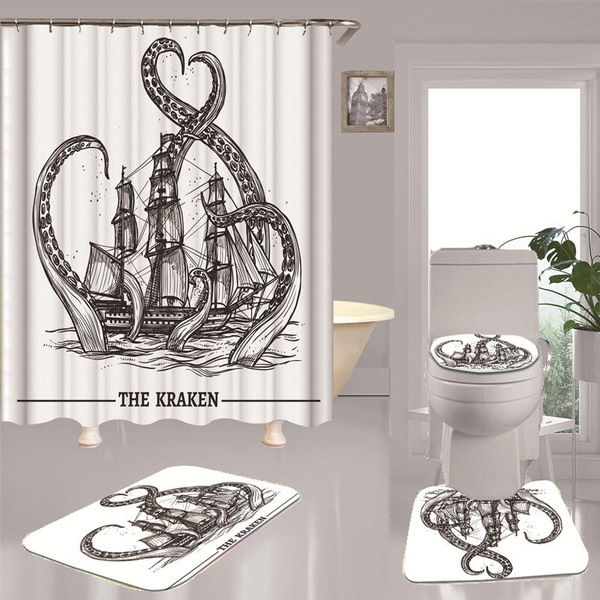 Sea Octopus Shower Curtain Bath Mat Toilet Cover Rug Kraken Bathroom Decor 