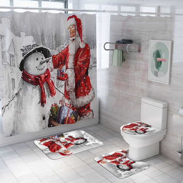 Christmas Santa Claus Shower Curtain Toilet Cover Mat Set Bathroom  Carpet Rug 