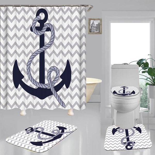 Blue Nautical Anchor Print Waterproof, Anchor Bathroom Accessories