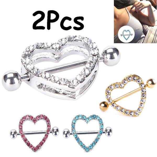 2pcs Crystal Love Hearts Nipple Bar Rings Nipple Barbell Body Piercing  Jewelry