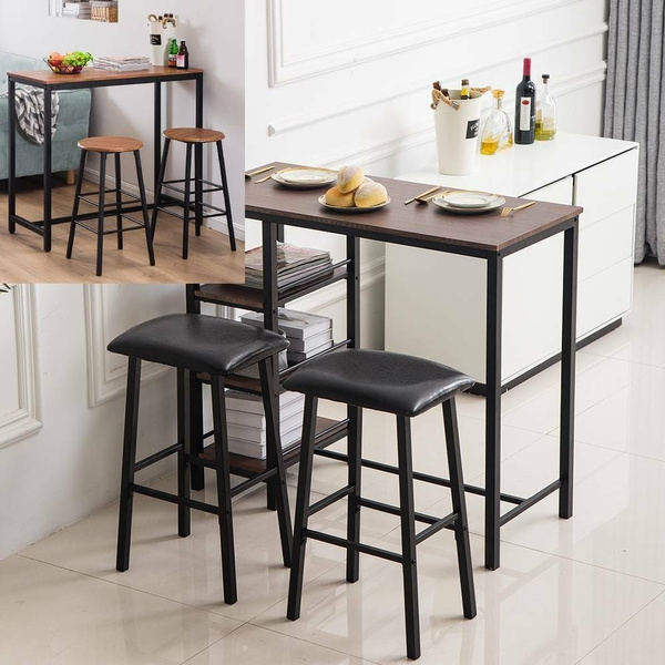Simple 3Piece Pub Table Set with 2 Bar Stools for Kitchen Dining Room