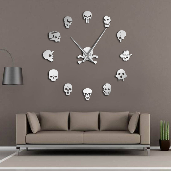 Different Skull Heads Diy Horror Wall Art Giant Wall Clock Big Needle Frameless Zombie Heads Large Wall Watch Halloween Decor Wish