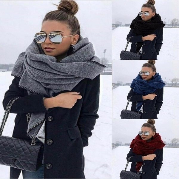 4 Colors Women's Fashion Winter Women Warm Scarf Wool Blends Soft Scarves  Long Large Wrap Scarf Muffler In Claret Grey Black and Navy Blue