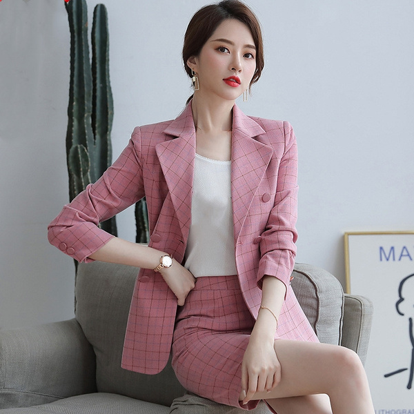 Plaid Suit Two Piece Set Women Fall Fashion Korean Slim Blazer