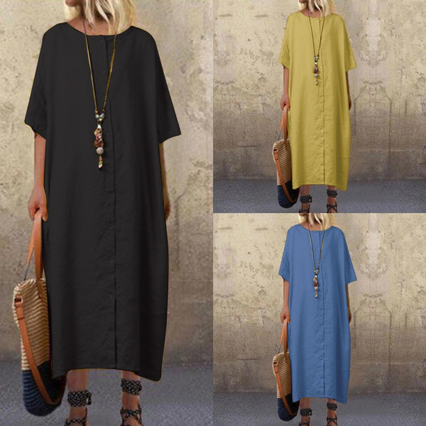 Oversized Women Half Sleeve Plian Long Shirt Dress Loose O Neck Buttons  Down Cotton Linen Maxi Dress | Wish