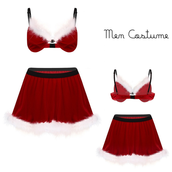 2Pcs Men's Red Velvet Sexy Xmas Santa Feathered Sissy Bra & Skirt SET  Christmas Performance Outfit