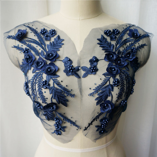 Navy Blue 3D Floral Pearl Beaded Bridal Gown Lace Applique Embroidery Patches 