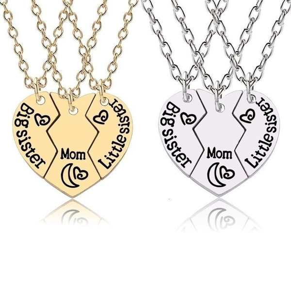 3pc Gold 'Mom' 'Big Sis' 'Little Sis' Dual CZ Birthstone Heart Necklace Set