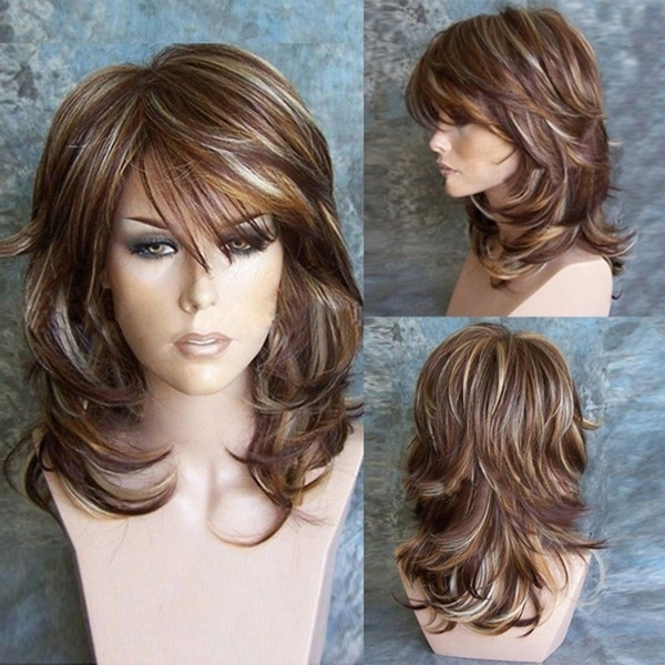 Women Fashion Medium Side Bang Highlighted Layered Slightly Curled  Synthetic Wig Brown Hair | Wish