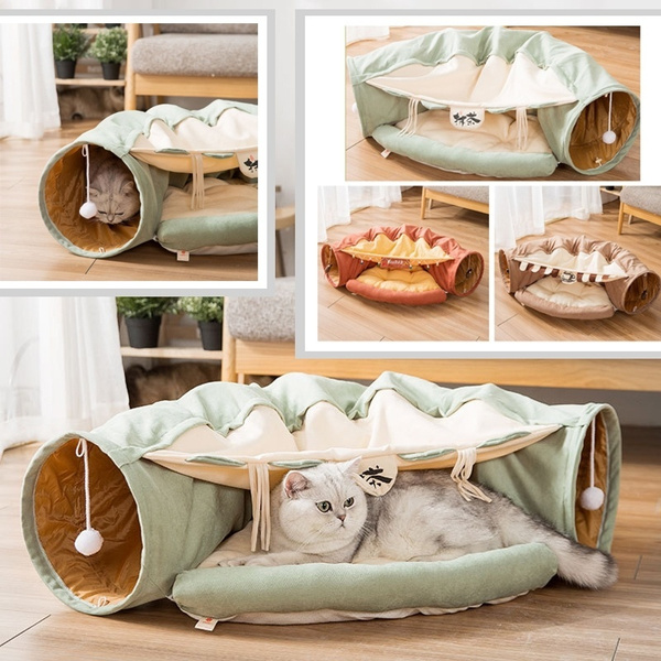 Attractive Cat Tunnel Bed with Cushion Tube Toys Collapsible Cat Mate ...