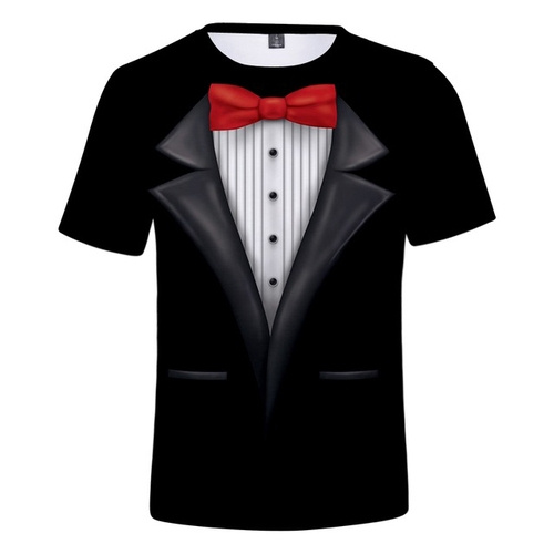 Women Men Casual T-Shirt 3D Print Faux Tuxedo Suit Bow Tie Short Sleeve Tee Tops