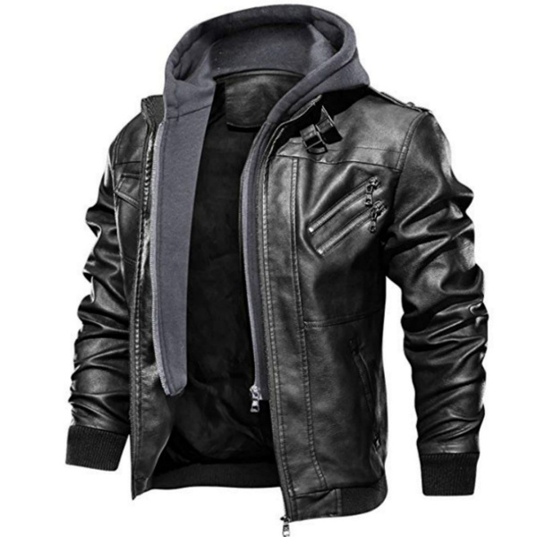 HOOD CREW Men’s Casual Stand Collar PU Faux Leather Zip-Up Motorcycle Bomber Jacket with a Removable Hood