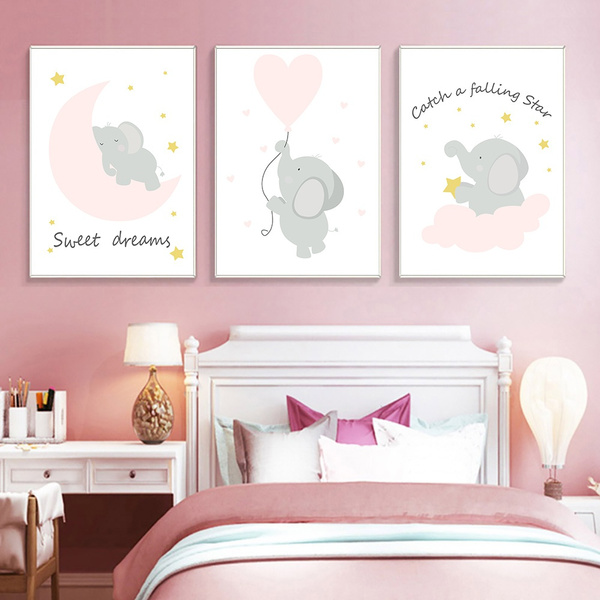 Elephant Rose Coeur Lune Toile Peinture Dessin Anime Mur Art Minimaliste Bebe Affiches Et Impressions Photos Pour Chambre D Enfants Decor Sans Cadre Wish