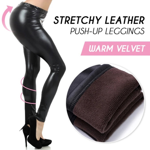 Winter Faux Leather Leggings Women High Waist Warm Velvet Leather
