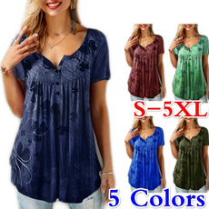 Women's Fashion Short Sleeves Loose Pleat Tops Blouse Button T Shirt Plus Size S-5XL