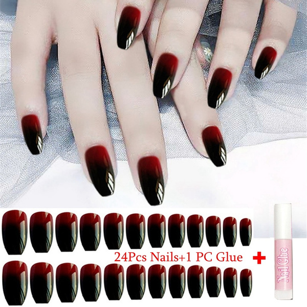 24Pcs Fashion Nail Extensions Manicure Tips French Style Square Coffin  Shape Ballerina False Nails With Glue Black-Red Gradient Nail Art Patch |  Wish