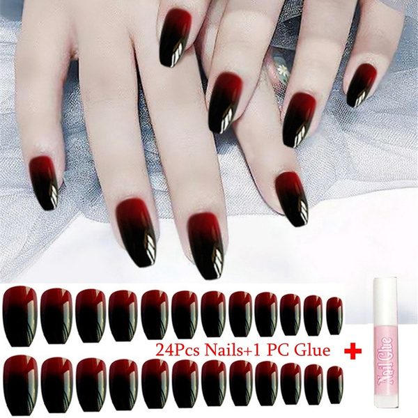 24Pcs Fashion Nail Extensions Manicure Tips French Style Square Coffin Shape Ballerina False Nails With Glue Black-Red Gradient Nail Art Patch | Wish 24Pcs Fashion Nail Extensions Manicure Tips French Style Square Coffin Shape Ballerina False Nails With Glue Black-Red Gradient Nail Art Patch | Wish