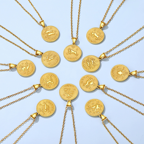 Women Antique Zodiac Sign Coin Necklace,Stainless Steel or 18K