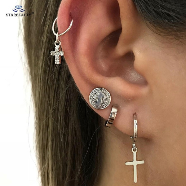 Starbeauty 4 pcs Love Jesus Cross Stud Earring Ear Piercing Oreja Helix  Piercing Tragus Earrings Set Pircing Nose Ring Jewelry