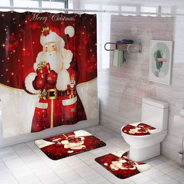 4Pcs/set Christmas Decor Bathroom Toilet Seat Cover Rug Santa Rug Decor Mat 