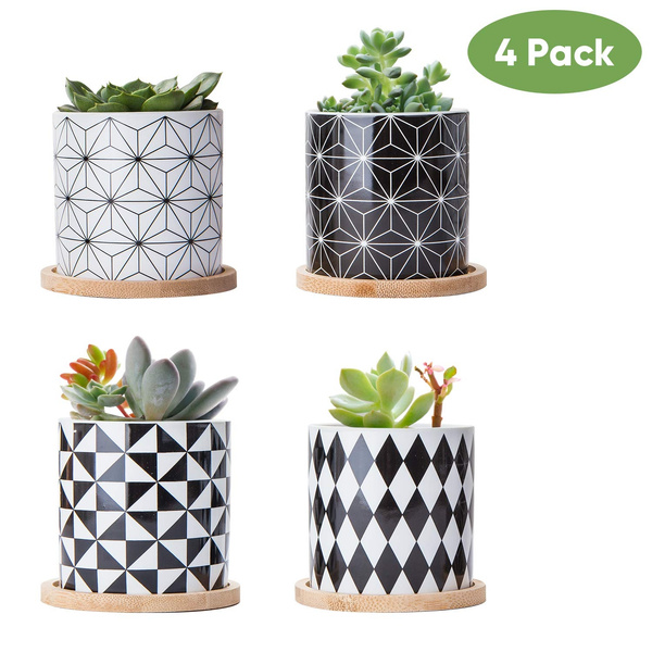 Black Grey, 3 PCS, Plant NOT Included POTEY 055401 Succulent Pots Set 3.1 Inches Ceramic Small Planters with Bamboo Saucer for Plants Succulent Cactus House Office Decor