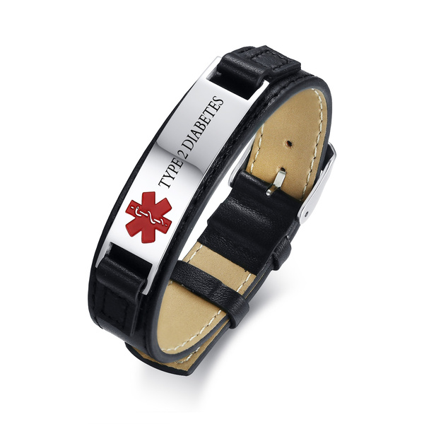 Personalized Leather Stainless Steel Medical Bracelet for Men | Wish