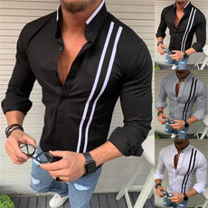 2019 Autumn Men's Casual Fashion Long-sleeved Solid Color Striped Shirt Business Social Slim Men's Clothing