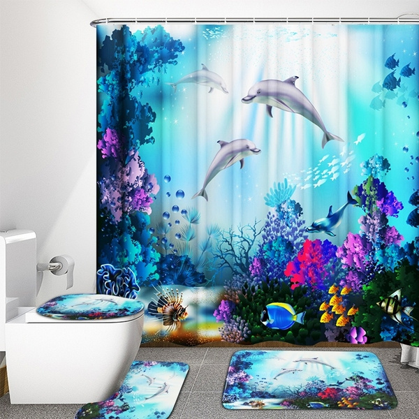 1 3 4pcs Sea Style 8x1 8m Dolphin Shower Curtain Set With Rust Proof Hooks Toilet Cover Mat Bathroom Non Slip Pedestal Rug Decoration For Kids S Wish Non Slip Mat Pedestal Rug Decoration, Dolphin Shower Curtain