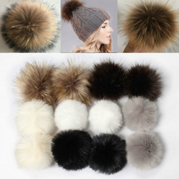 Women Large Faux Raccoon Fur Pom Pom Ball with Press Button for Knitting Hat DIY 