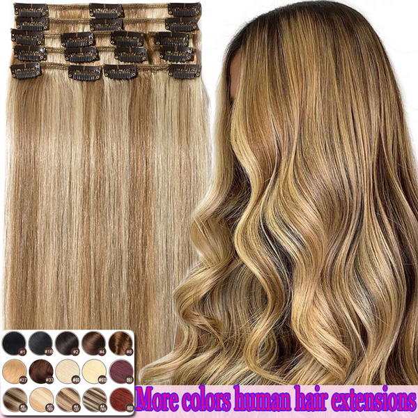 Human Hair Extension Stylish Clip on women Hair Extensions Soft straight can be curl and dyed add hair length volume mix natural