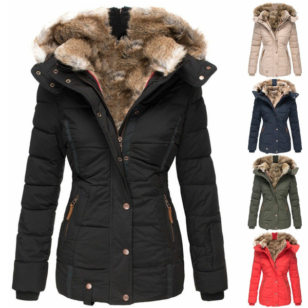 New Arrival Women Fashion Long Sleeve Fur Collar Thick Warm Hooded Coat ...