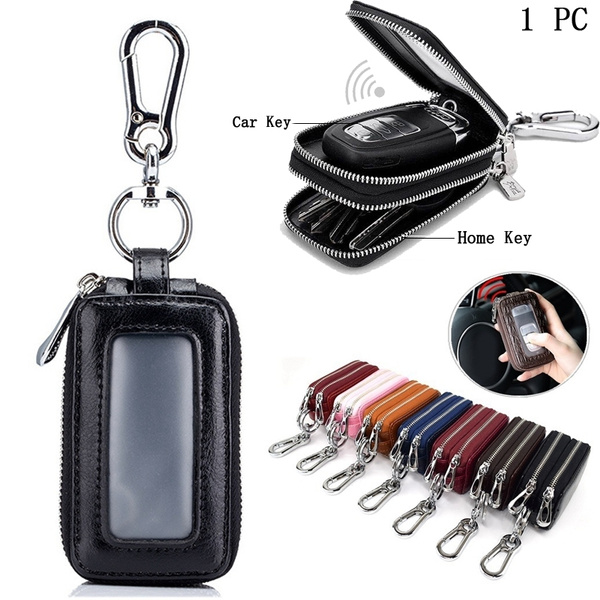 QINGTECH Car Key Fob Case Genuine Leather Car Key fob Holder,Metal Hook and Keyring Zipper Bag Car Key Cover with Key Chain 