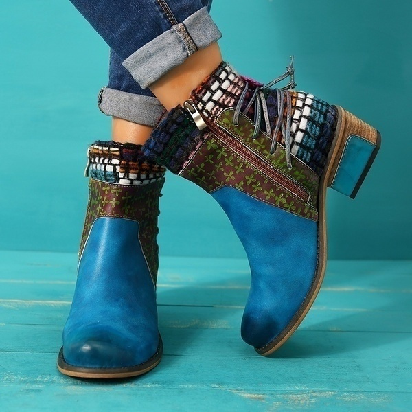 Women Genuine Leather Spliced Ankle Boots main image 1