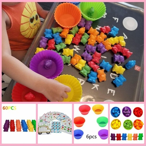 Educational Color Sorting Toys for Toddlers Baby,Toy Storage and Learning Card Montessori Rainbow Matching Game Counting Bears with Stacking Cups