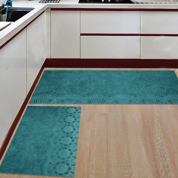 Teal Kitchen Rugs and Mats Non Skid Washable, Non-Slip Backing Kitchen Mat  Set of 2 for Floor Kitchen Runner Rug Sets for Kitchen Dining