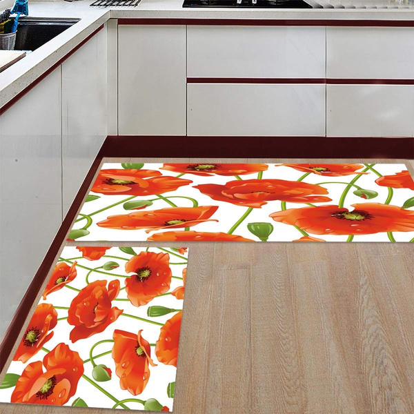 Kitchen Mat Set 2 PCS Non-Slip Runner Rugs Doormat Red Poppy