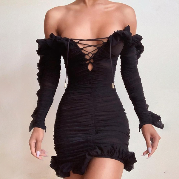 solid backless ruffle long sleeve dress