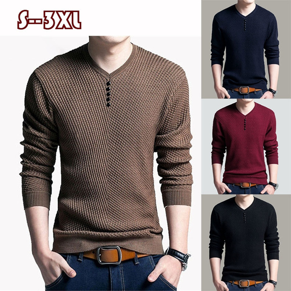UUYUK Men V-Neck Slim Fit Solid Pullover Jumper Long Sleeve Knit Sweater 