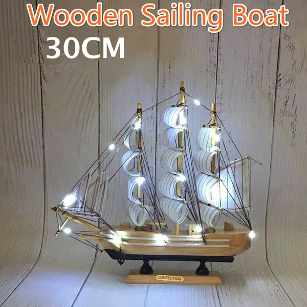 LED Wood Craft Sailor Ship Sailing Boat Wooden Handcrafted Model Home Decor 