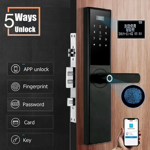 Security Electronic 5-in-1 Smart Keyless Entry Door Lock//Fingerprint Door Lock//Keypad Entry Door Lock//Password Door Lock//APP Unlock//Digital Smart Door Lock for Home Gold
