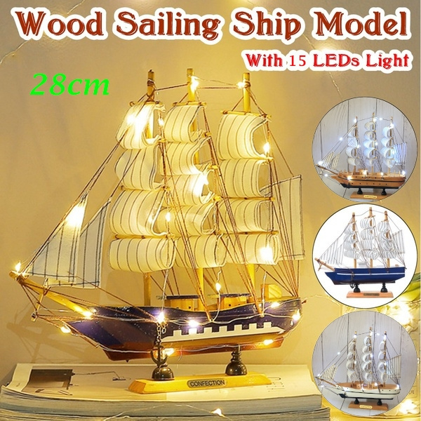 LED Wood Sailboat Nautical Ship Model Craft Sailor Handcrafted Boat Decor Gift 