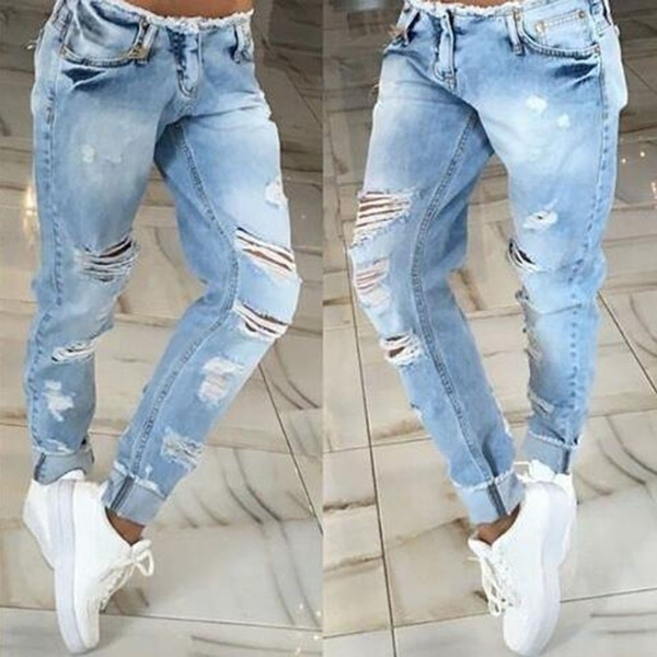 Fashion Women Holes Ripped Washed Casual Ladies Long Denim Jeans Pants ...