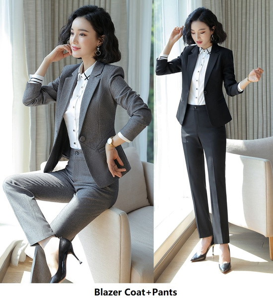 Novelty Black Gray Formal Uniform Designs Pantsuits With Pants and jackets  Coat For Women Business Work Wear Blazers Suits Professional Ladies Office