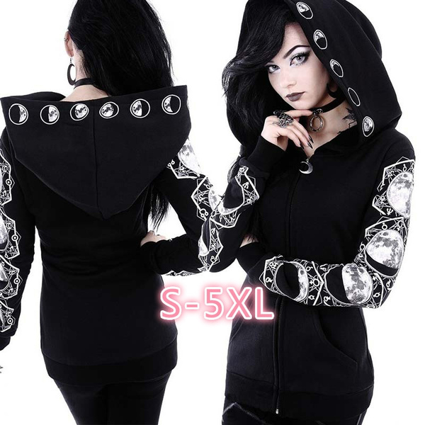 Bestwo Women’s Moon Gothic Witchcraft Hooded Cardigan Occult Long Sleeve Punk Hoodie Jacket Mid Long Sweatshirt 