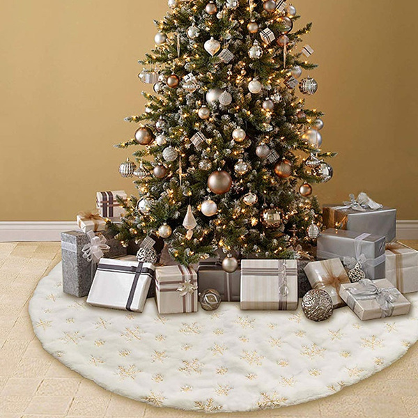 Snow, 35inches Deggodech Snow Fur Christmas Tree Skirt Base Cover 90cm White Plush Xmas Tree Skirt Mat for Christmas New Year Party Holiday Home Decorations 