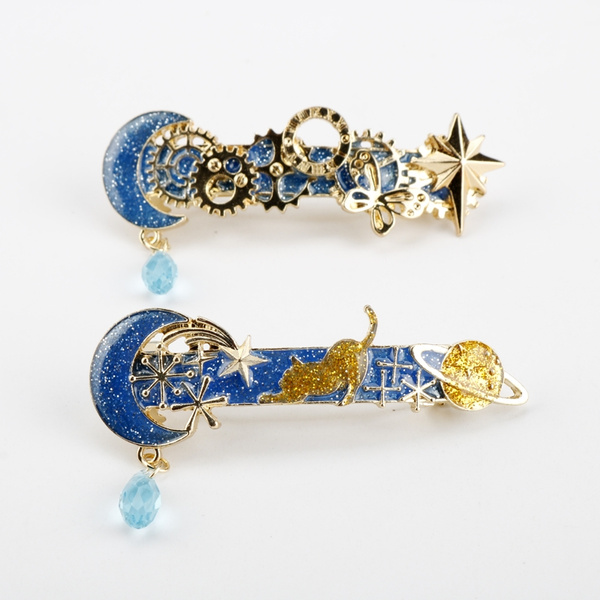 Blue Galaxy Planet Moon Star Gears Barrettes Sweet Cat Kitten